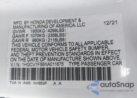 2022 Honda Accord Exl из США, поврежденный, VIN 1HGCV1F56NA011675